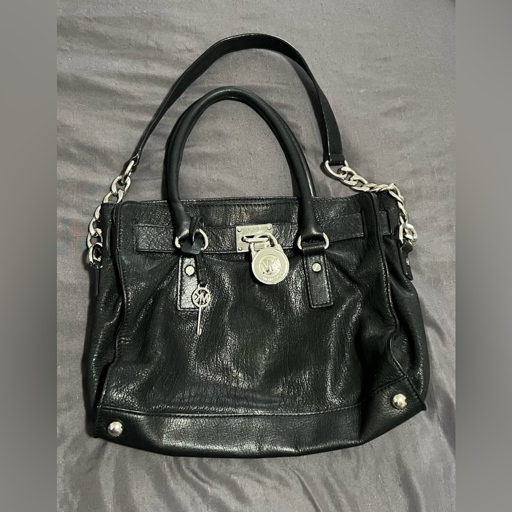 Michael Kors black leather bag with silver lock and key detail